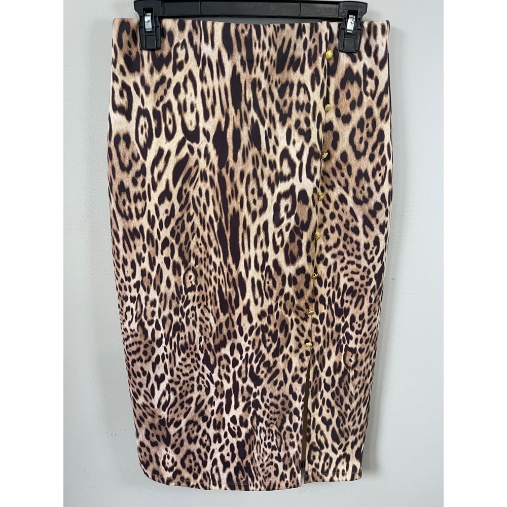 Messini Leopard Print Midi Pencil Gold Button Side Slit Brown Tan chic coquette